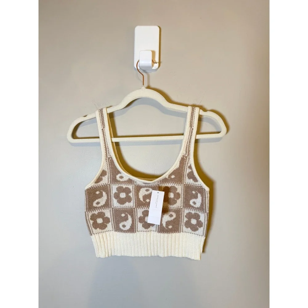 American Eagle • NWT Floral Yin Yang Knit Crop Tank Top Cream Brown Size S - Picture 2 of 10